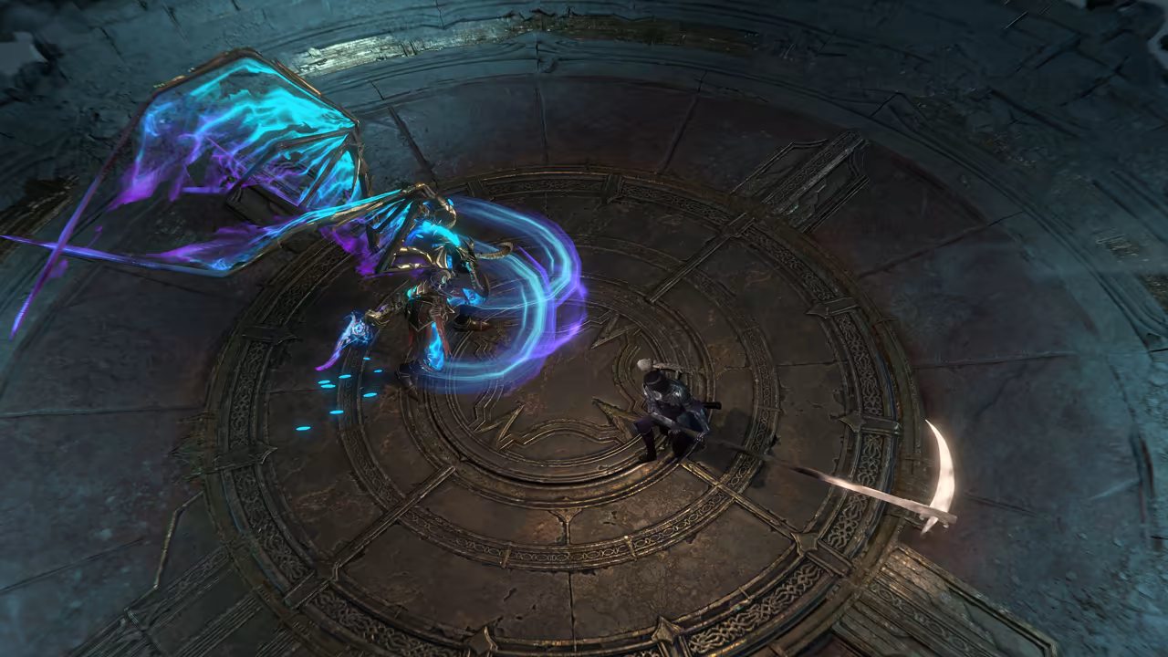 Top-down view of a round carved stone floor. A tall figure with translucent blue and purple wings slashes a glowing arc; opposite stands a smaller character holding a long curved blade.