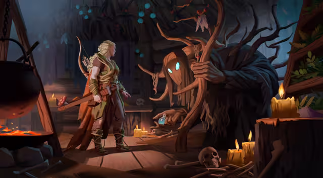 Painted key art of a blonde Viking with a bow standing in a wooden hut lit by candles, facing a tall hunched figure with antlers and glowing blue eyes beside a hanging cauldron