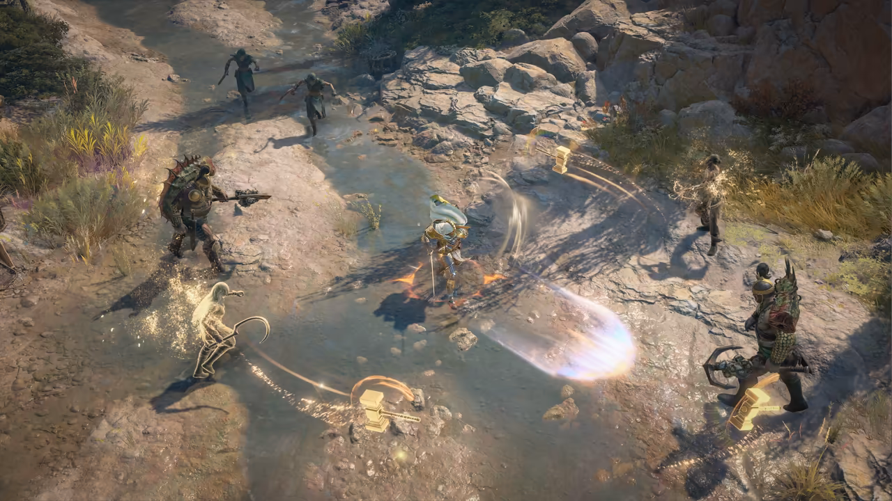 Top-down view of a shallow stream between rocks and dry grass. A knight in gold armor stands at the center with arcs of golden light; ghostly golden warriors attack spiky-armored soldiers with crossbows around him.
