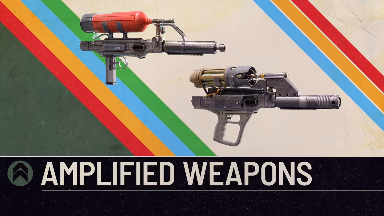 Two weapon renders against colored diagonal stripes.