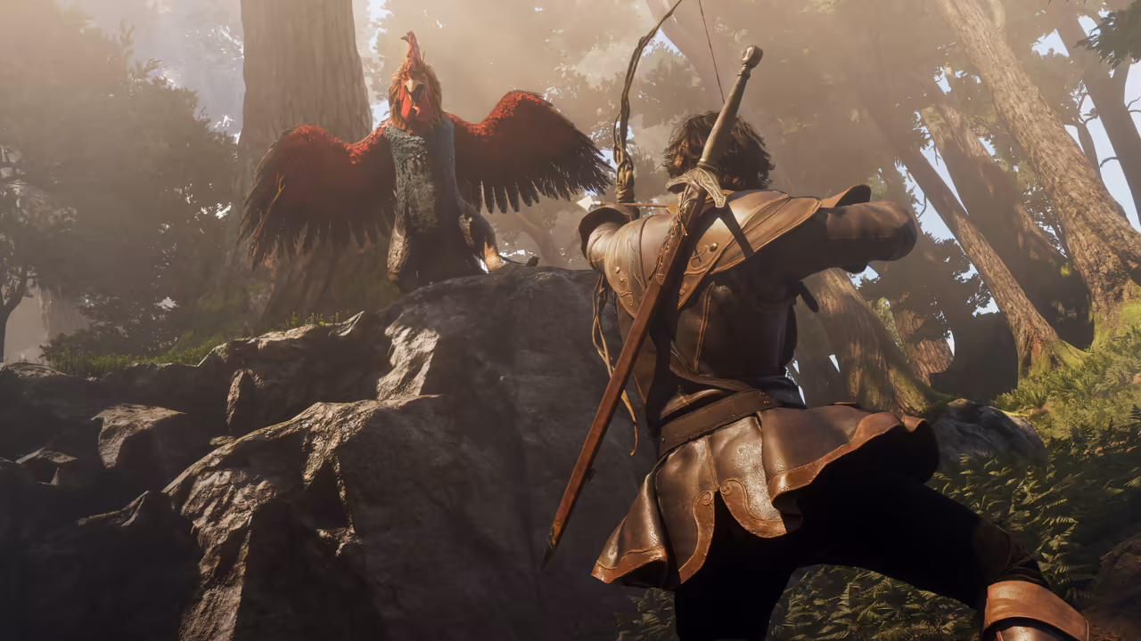 Low angle in a forest lit by shafts of sunlight. In the foreground a figure in brown leather armor with a sword strapped across the back draws a longbow. Above on a large gray boulder, a rooster many times the size of a person spreads deep red wings, its red comb and wattle raised. Tall trunks and ferns fill the background. No game interface is shown.