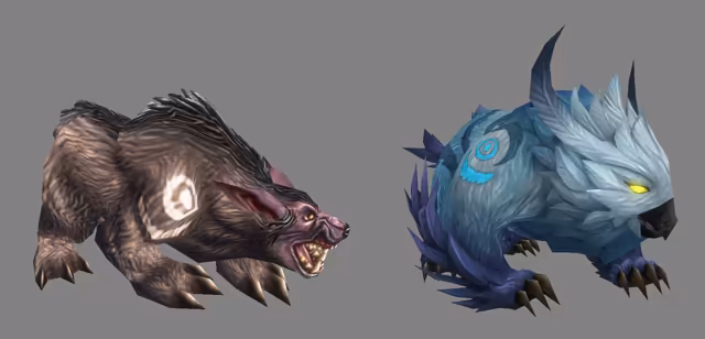 On a plain gray background, two four-legged creatures face each other. On the left a dark brown, shaggy beast with a pale swirl on its shoulder, long pointed ears and a purple snout bares yellow teeth. On the right a stocky creature covered in blue and white feathers, with dark curved horns, a hooked black beak, a glowing yellow eye and a turquoise swirl on its flank, crouches on dark claws.