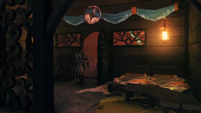 Interior of a dark wooden room: a low bed covered in pale furs at the right, a glowing hanging lantern, a round shield and a pale cloth bunting on the wall, carved tree-pattern window panels and a Viking standing in an arched doorway.