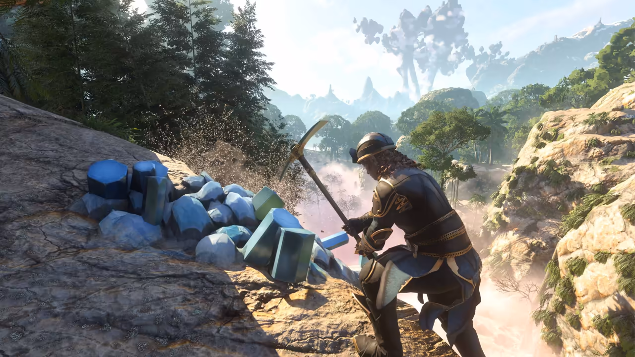On a sunlit rock ledge, a figure in a dark helmet and dark leather armor with gold trim raises a pickaxe over a cluster of chunky blue and teal crystal blocks, chips flying. Below, a jungle valley with palms and pink mist stretches away between pale cliffs, and in the distance an enormous pale formation shaped like a tree rises into the sky. No game interface is shown.