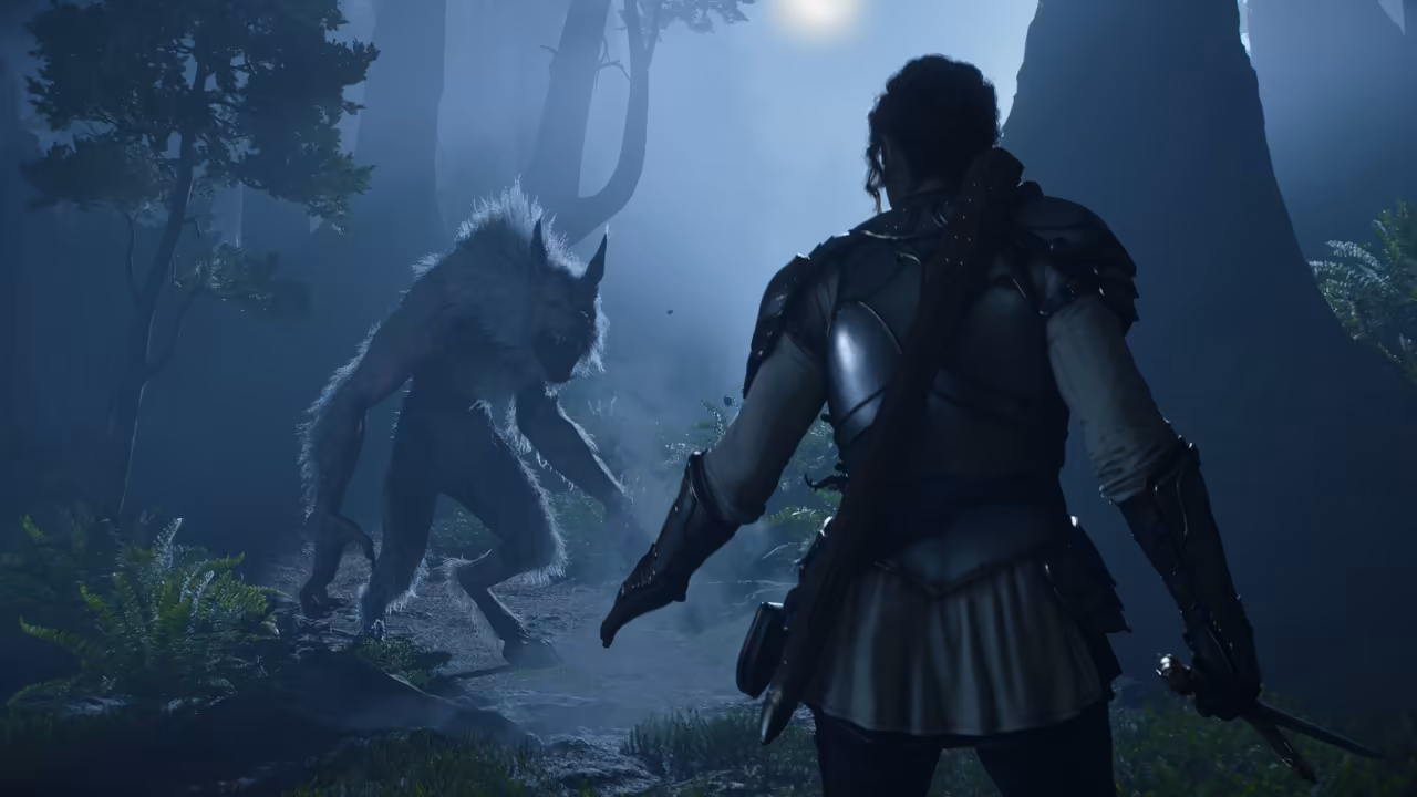 Blue moonlight through tall trees and fog. In the right foreground a figure in dark plate armor with a strap across the back holds a sword low in one hand. A few steps away on the forest path a lanky creature covered in shaggy pale gray fur, with a wolf's head, pointed ears and long clawed arms, rears up on its hind legs and snarls. Ferns and dark trunks surround them. No game interface is shown.