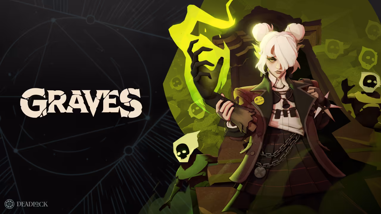 Painted woman with white hair in two buns and a long green-trimmed coat, green spectral hands and small grinning skull creatures around her on a yellow-green background, beside the word Graves.
