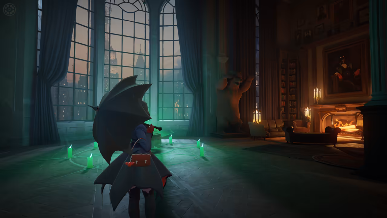 Third-person view of a woman with a black umbrella and a red bag in a large room with green glowing crystals around her, tall arched windows onto a city at dusk, bookshelves, a portrait and a lit fireplace.
