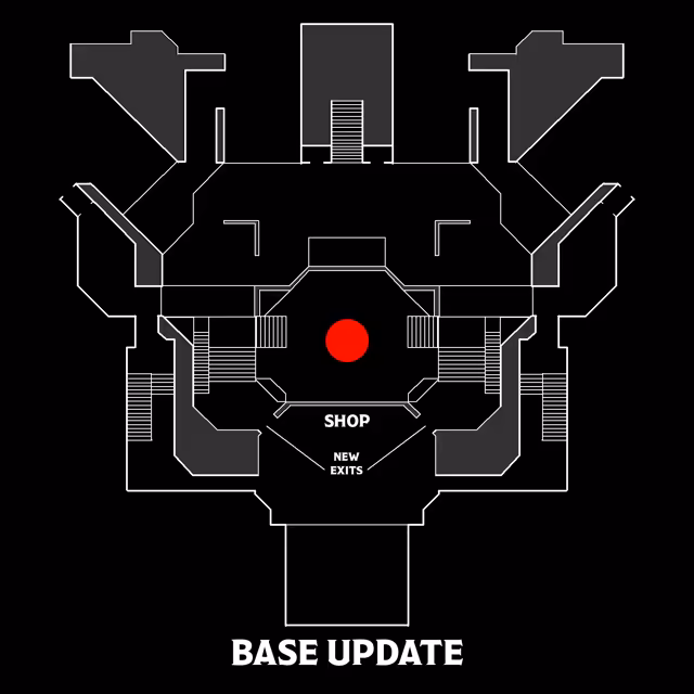 White outline plan on black of a symmetrical base with stairs and corridors around a central octagon holding a red dot, labeled Shop and New Exits, with Base Update written below.