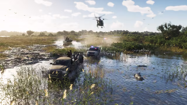 A mud-splattered pickup with people in its bed splashes through a flooded marsh of reeds and lily pads, followed by a police SUV with flashing lights and an airboat, while a helicopter flies low and an alligator swims in the foreground.