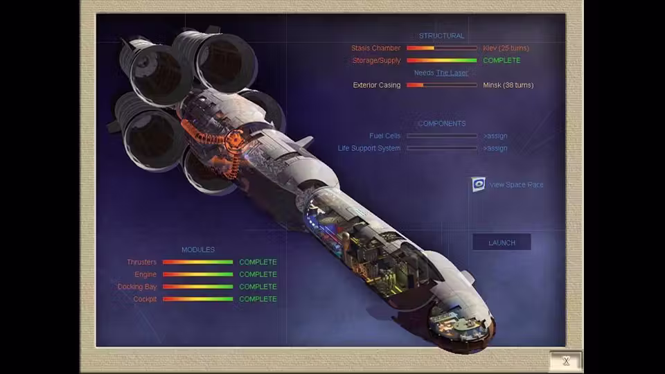 A cutaway drawing of a long spaceship with four large engines, beside lists headed Structural, Components and Modules with progress bars; several read Complete, one says Needs The Laser, and buttons read View Space Race and Launch.