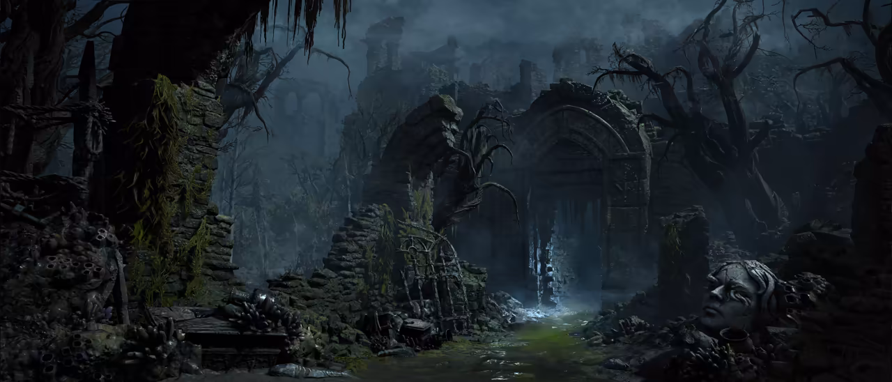 A gloomy painted forest of bare black trees and crumbling stone walls. A tall arched doorway glows faint blue in the center; in the right foreground a large carved stone head lies among clusters of shell-like growths.