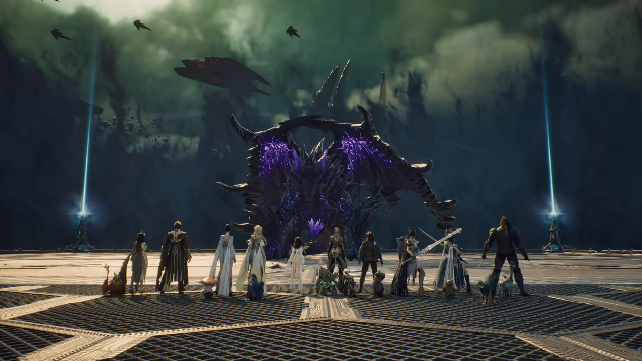 From behind, a row of characters in robes, armor and long coats, with small pets including a mushroom, a blue bird and a green creature, faces a giant spiked black dragon whose wings and body glow with purple cracks; beams of blue light rise from two pylons at the sides of the grated metal platform, and dark winged shapes fly through a stormy green sky.