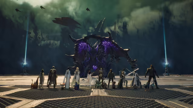 From behind, a row of characters in robes, armor and long coats, with small pets including a mushroom, a blue bird and a green creature, faces a giant spiked black dragon whose wings and body glow with purple cracks; beams of blue light rise from two pylons at the sides of the grated metal platform, and dark winged shapes fly through a stormy green sky.