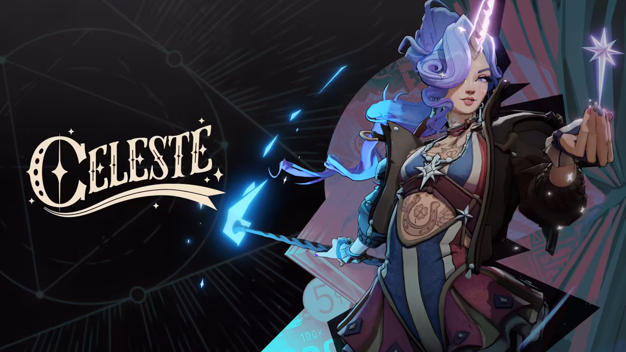 Painted woman with curled lilac hair and a dark jacket with stars, sparks of blue light around her raised hand and a white star overhead, beside the word Celeste in ornate letters.