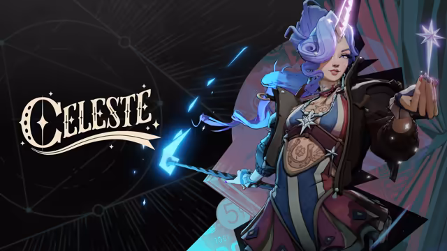 Painted woman with curled lilac hair and a dark jacket with stars, sparks of blue light around her raised hand and a white star overhead, beside the word Celeste in ornate letters.