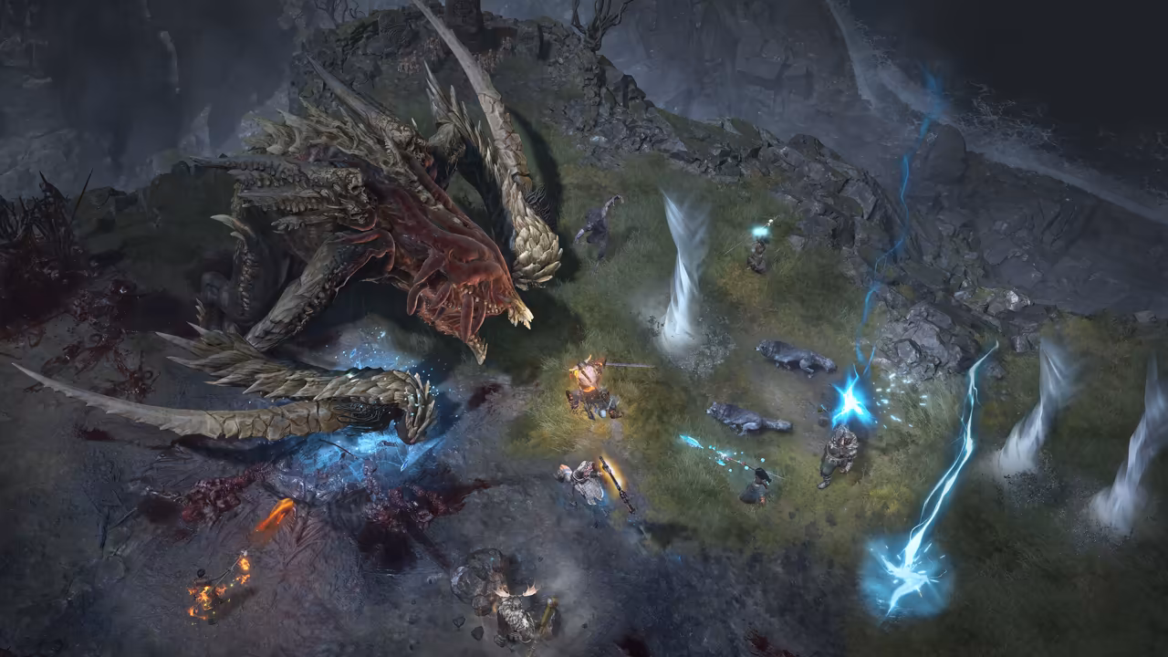 Top-down view of a green clifftop by a waterfall. A giant clawed beast with ridged bone plates sprawls at left; small heroes, white tornadoes, wolves and a blue lightning bolt fill the right side.
