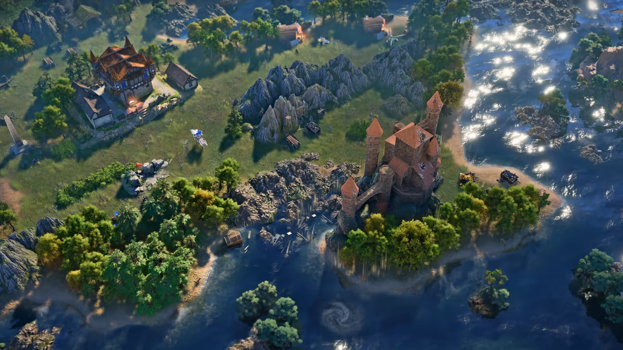A 3D landscape seen from high above: green fields and trees, gray rocks, a red-roofed castle on a peninsula, a manor with outbuildings, and blue water glittering in the sun. Small figures and resources sit on the land.