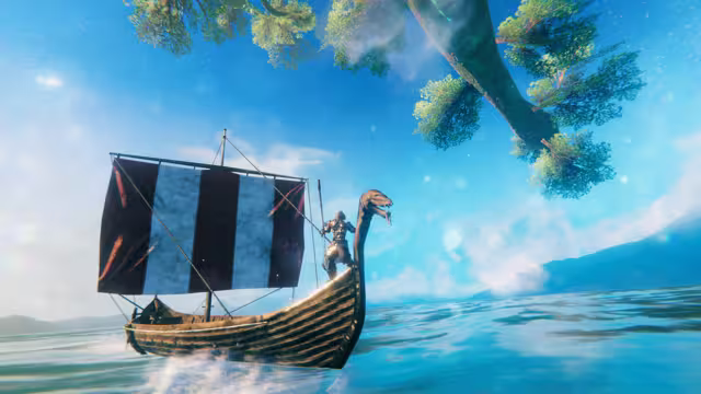 A Viking longship with a black-and-white striped sail on open water beneath the roots of Yggdrasil.