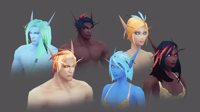 Against a plain gray background, six low-polygon characters with long pointed ears and glowing eyes are shown from the chest up: a pale blue man with long mint green hair, a dark-skinned man with dark hair and red feathers, a fair woman with golden hair and white feathers, a fair man with spiky peach hair and red feathers, a blue-skinned woman with pale blue hair and feathers, and a dark-skinned woman with black hair streaked with red feathers. The women wear gold-trimmed halter tops.
