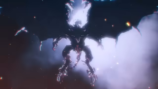 A black, bat-winged monster with long clawed arms and legs, in coarse pixels, looms over pale violet clouds with sparks of red and white light around it.