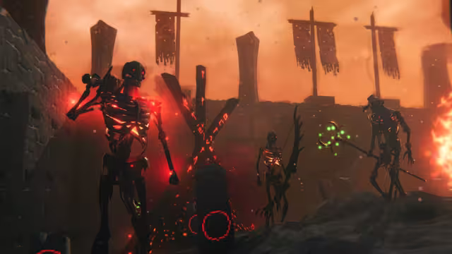 Screenshot of burnt skeleton warriors with glowing red cracks and a warlock holding a green-glowing staff among banners and ruined stone walls under an orange sky