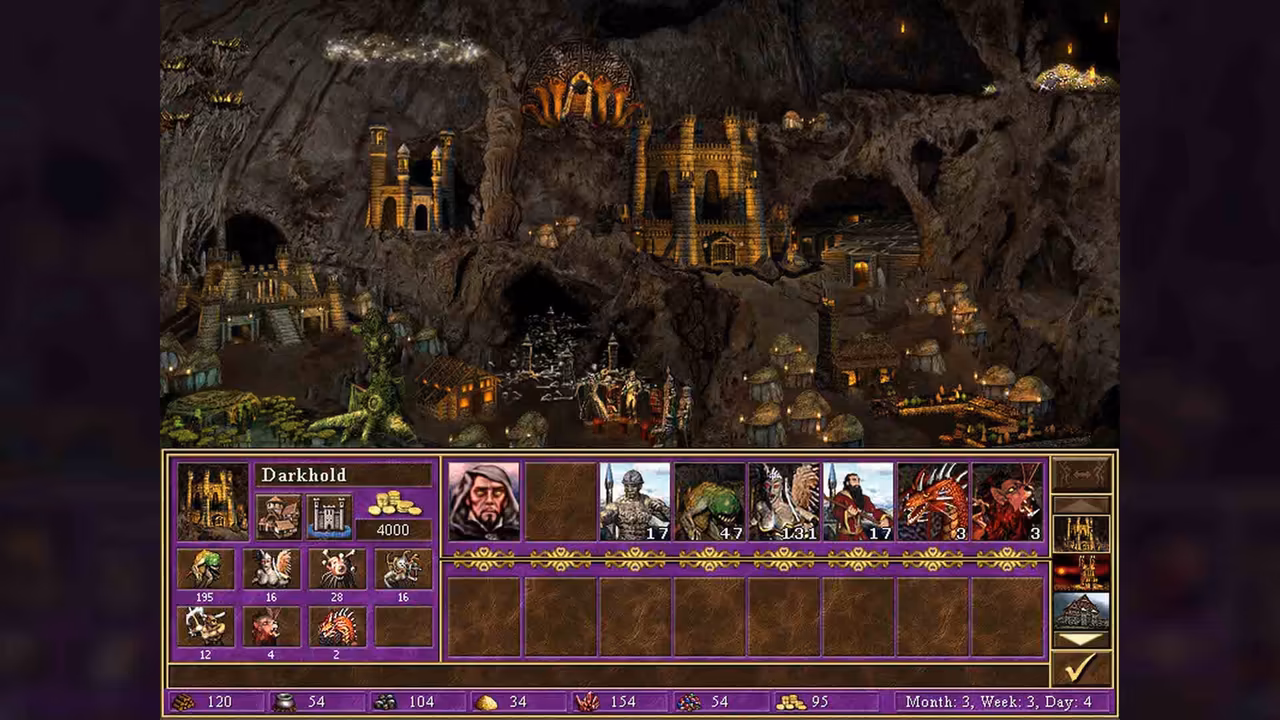 A town built inside a dark cave, with golden-lit towers, arches and pools. Below is a purple panel titled Darkhold with creature portraits, gold 4000 and a hero portrait followed by six creature portraits.