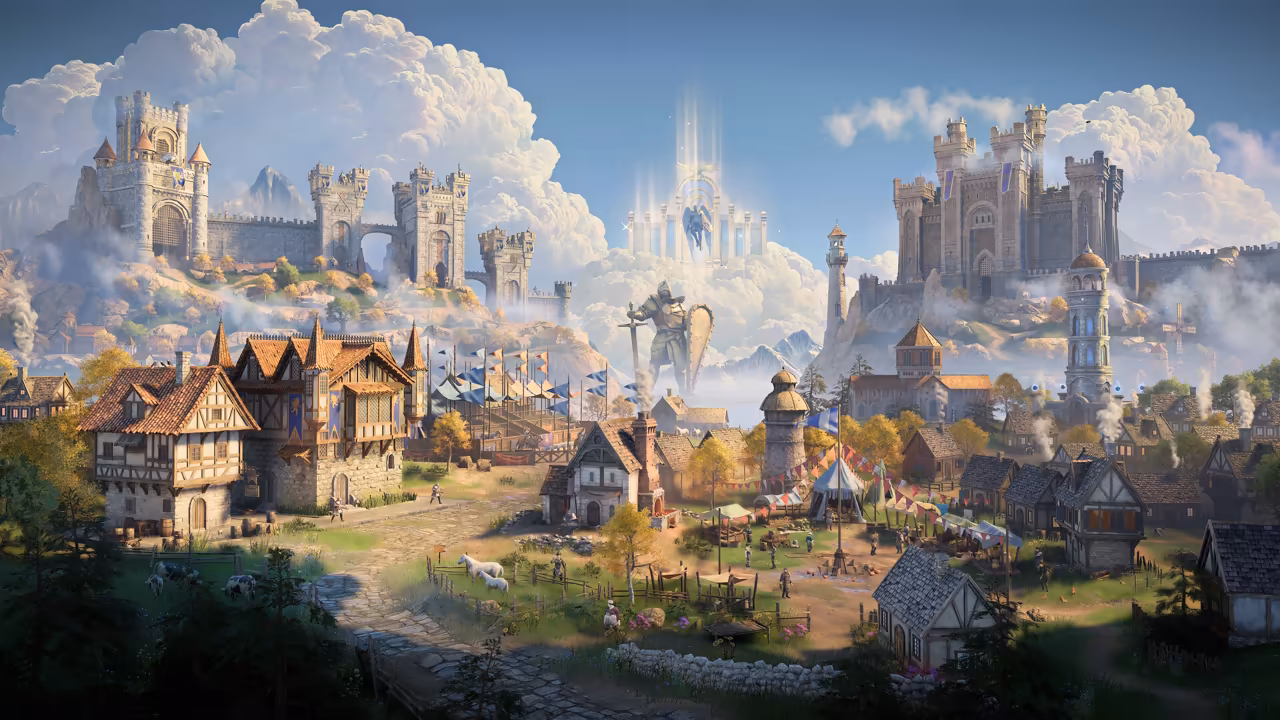 A bright painted-style 3D town. Half-timbered houses, a market with tents, sheep and towers fill the foreground. Behind rise two great stone castles on hills, a giant statue of an armored warrior, and a glowing white gate in the clouds.