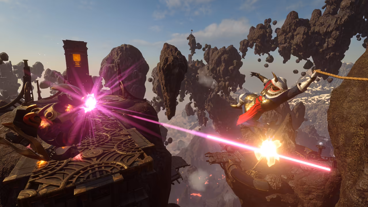 High among jagged floating rocks under a pale sky. At right a figure in white and gold armor with a red cape flies through the air holding a rope. From a golden, ornately carved machine at left, a bright pink beam of light shoots across the frame and bursts in a flash near the figure. A tall dark tower stands on a rock behind. No game interface is shown.
