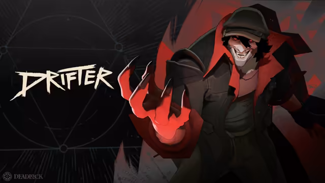 Painted man with a sharp grin under a dark cap and hood, one hand raised with long blood-red claws, on a red and black background beside the word Drifter in jagged letters.