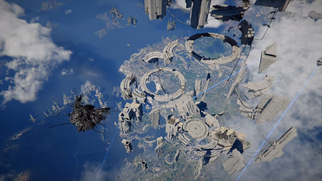 A view looking down from great height. Pale stone platforms shaped like broken rings, round courtyards and long slabs hang in the air above white clouds and a green land far below. Thin blue beams of light cross the scene, and at left a black, spiky cloud-like mass floats beside smaller islands.