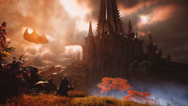 A small figure in a long dark cloak stands among tall orange grass and red-leaved shrubs, facing an enormous dark structure bristling with spikes and spires, its side lined with huge round, ringed cylinders; two red-leaved trees glow in white mist at its foot, and a large winged shape flies across a cloudy orange sky lit by the sun.