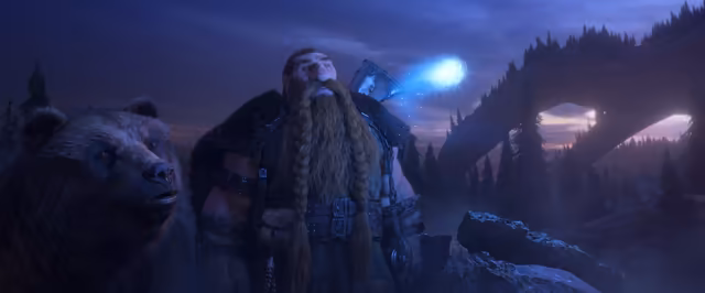 A dwarf with a huge braided red beard, a fur mantle and a weapon strapped across his back looks up beside a brown bear. Behind them a glowing blue orb trails sparks across a darkening violet sky, over pine forest and a great arch of rock covered in pines.