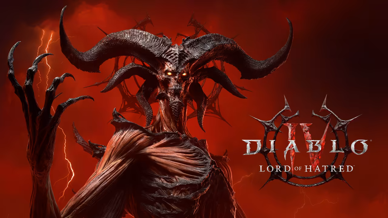 On a deep red background with lightning, a skeletal, sinewy demon with sweeping horns and glowing eyes raises one long clawed hand at left; the silver Diablo IV logo with the words Lord of Hatred sits at right.