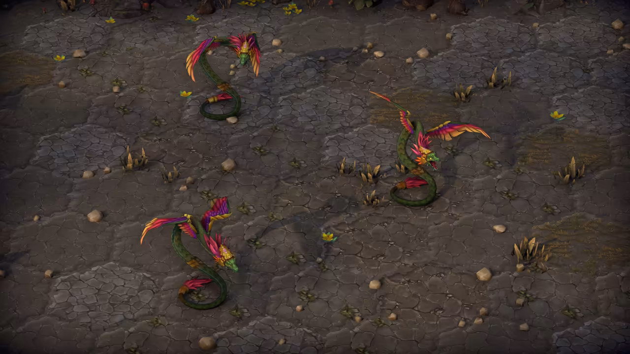 A close view of a cracked gray battlefield marked in faint hexagons. Three long green serpents rear up with bright magenta and gold feathered wings and crests, one at the top left, one at the right with its mouth open and one at the bottom left.