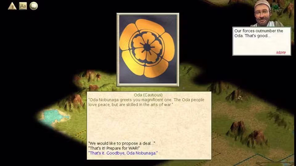 A gold flower crest on a dark banner above a parchment dialog headed Oda (Cautious), with Oda Nobunaga's greeting and three replies: propose a deal, prepare for war, goodbye. At upper right a smiling advisor in a cap says our forces outnumber the Oda.