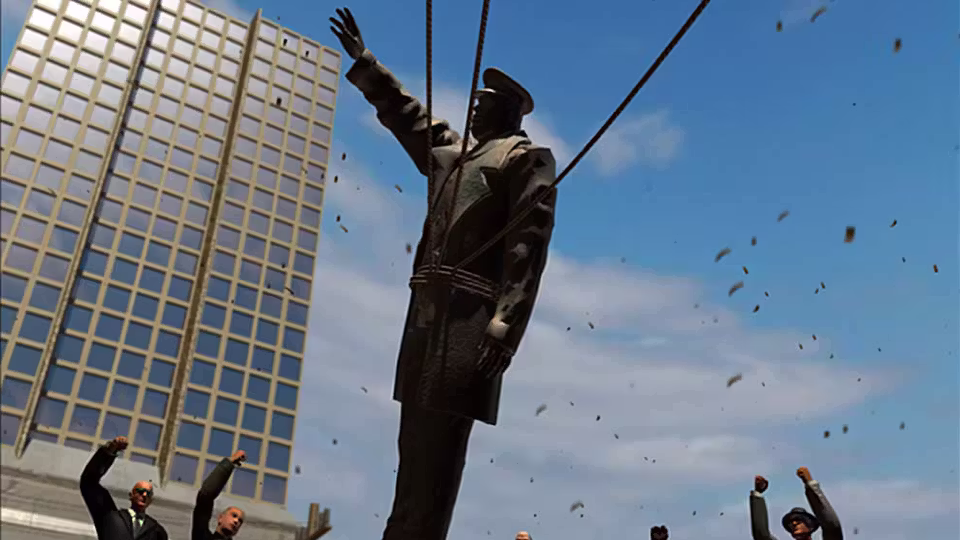 Rendered scene of a bronze statue with a raised arm tilting as ropes pull it, people below with fists in the air, paper scraps in the blue sky and a glass tower at left.