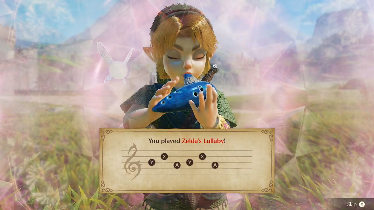 Close on a blond boy in a green tunic playing a blue ocarina with his eyes shut, a white fairy at left, over a soft pink and blue blur of a grassy field. A parchment panel in front reads "You played Zelda's Lullaby!" with six round notes on a staff, Y, X, A, Y, X, A, and a "Skip" prompt sits at bottom right.