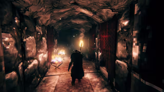 In-game screenshot of a cloaked Viking with a torch walking down a narrow rock corridor lined with dark red curtains, a lit brazier to one side.