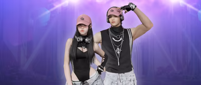 On a purple stage under spotlights, a woman with long black hair in a pink cap, a black high-cut bodysuit and loose pale jeans, with headphones around her neck, stands beside a man in a pink cap and headphones, a black sleeveless turtleneck hung with silver chains and a fingerless glove raised to the brim of his cap.