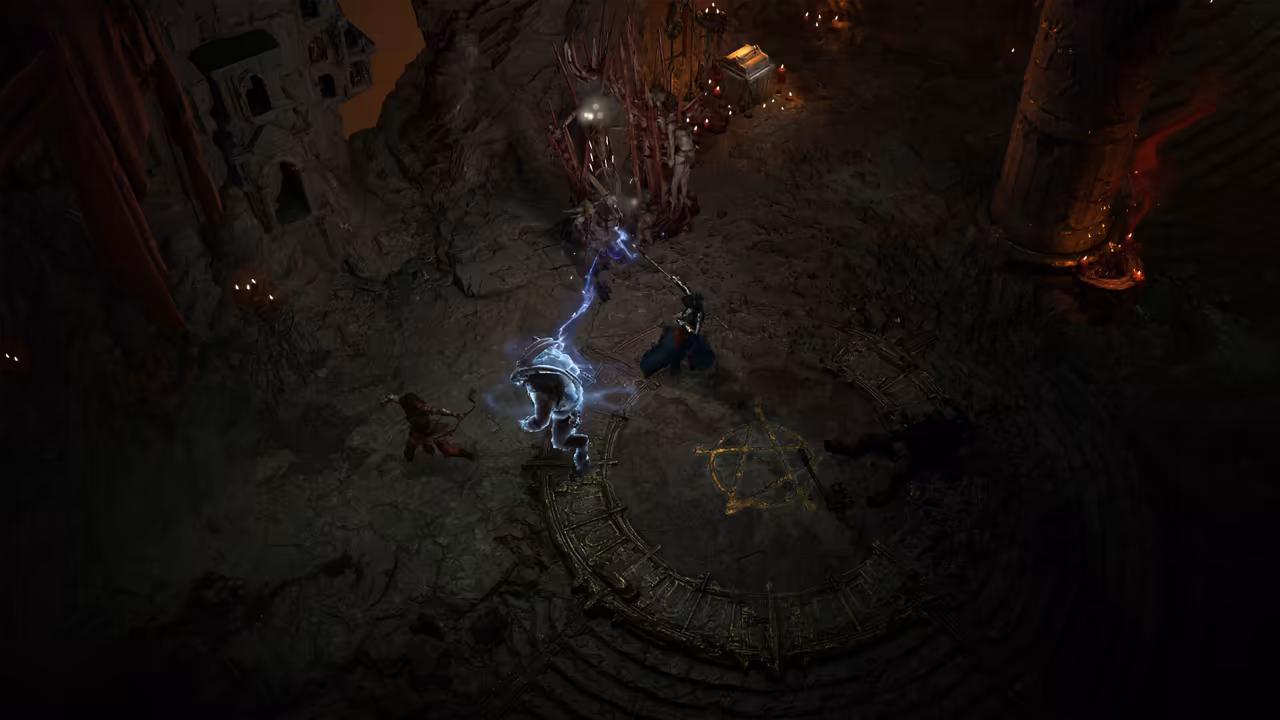 A shadowy stone hall with a large circular gold pattern and a star-shaped sigil on the floor. Three adventurers fight at its edge; blue lightning arcs from one, and a cluster of red spikes rises near a pillar.