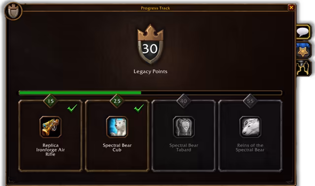 A dark window titled Progress Track shows a crowned shield with 30 above the words Legacy Points and a green bar about half full. Below are four reward cards: Replica Ironforge Air Rifle at 15 and Spectral Bear Cub at 25, both ticked in green, and Spectral Bear Tabard at 40 and Reins of the Spectral Bear at 55, grayed out.