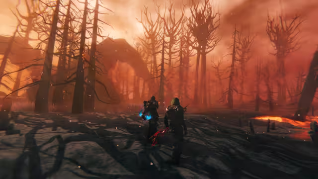 Screenshot of two armored players among charred leafless trees in orange haze, with a lava flow to the right