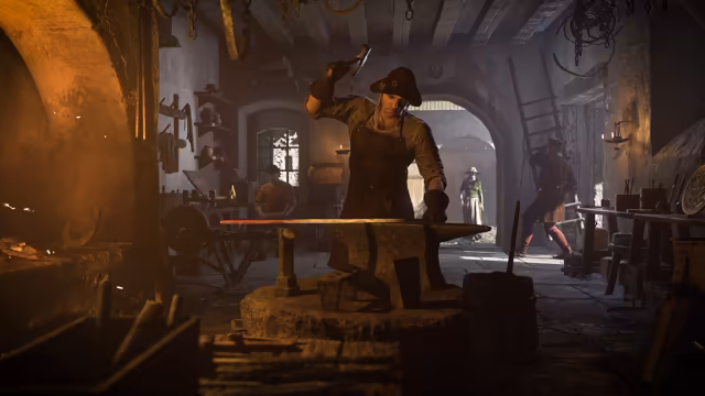 A vaulted smithy lit by fire: a man in a brimmed hat and apron lifts a hammer above a red-hot bar on an anvil set on a stump; behind him men at benches and a doorway onto daylight.