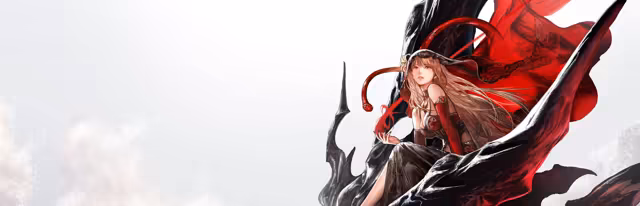 Painted art on a white, misty background: a woman with long hair in a red hood and red sleeves, seated on the head of a black dragon with spiked horns.