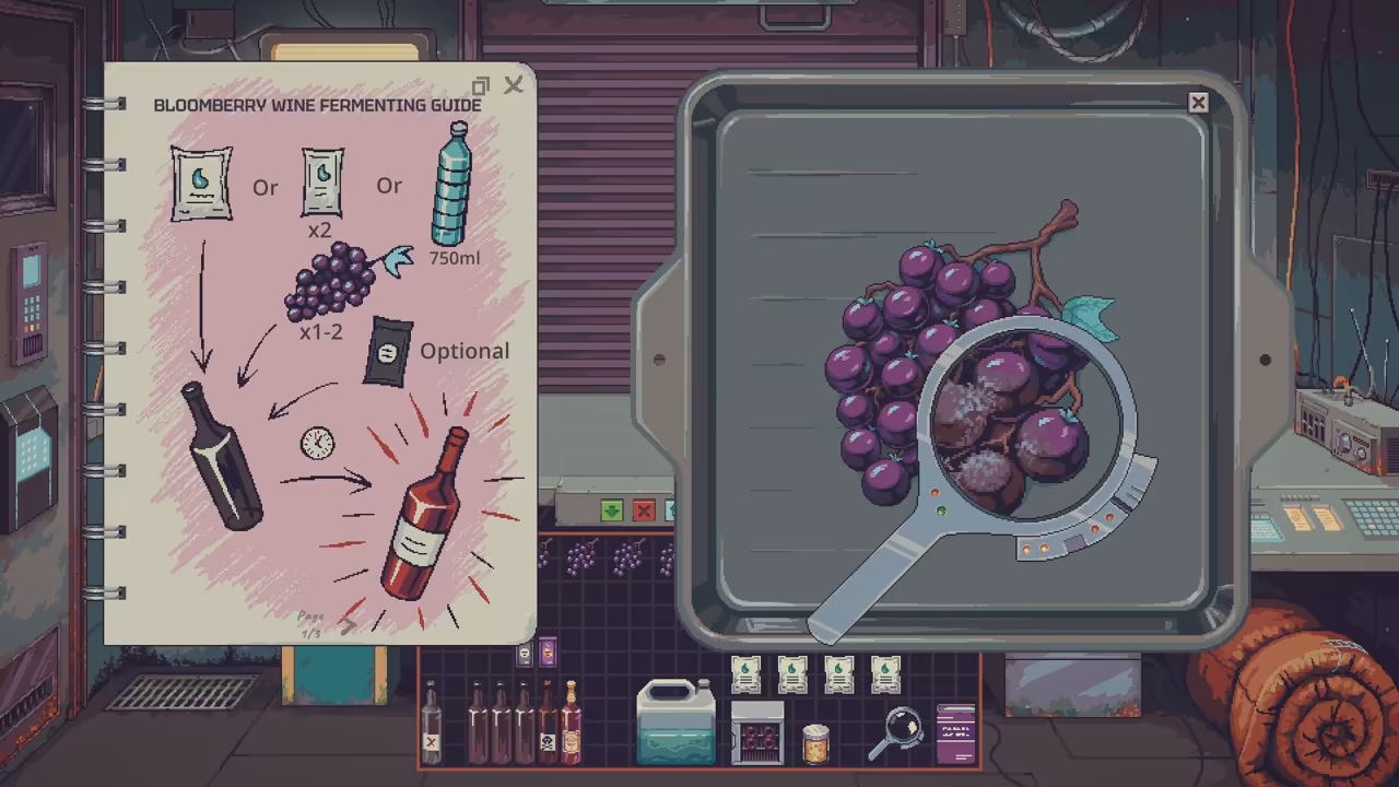A handwritten pink guide with arrows from water, yeast and berries to a wine bottle, beside purple berries on an inspection tray.