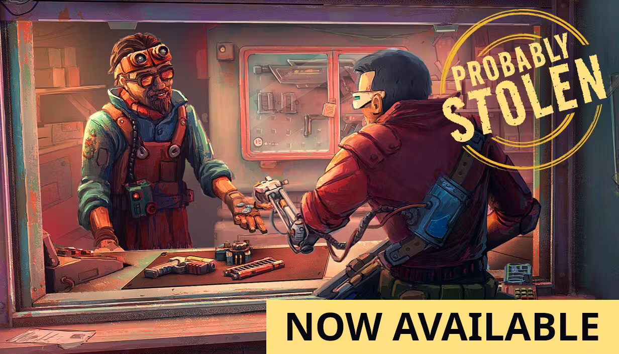 Painted art: a shop window with pistols and parts on the counter, the shopkeeper on the left and a customer seen from behind on the right, the Probably Stolen stamp in the corner and a Now Available banner.