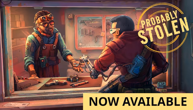 Painted art: a shop window with pistols and parts on the counter, the shopkeeper on the left and a customer seen from behind on the right, the Probably Stolen stamp in the corner and a Now Available banner.
