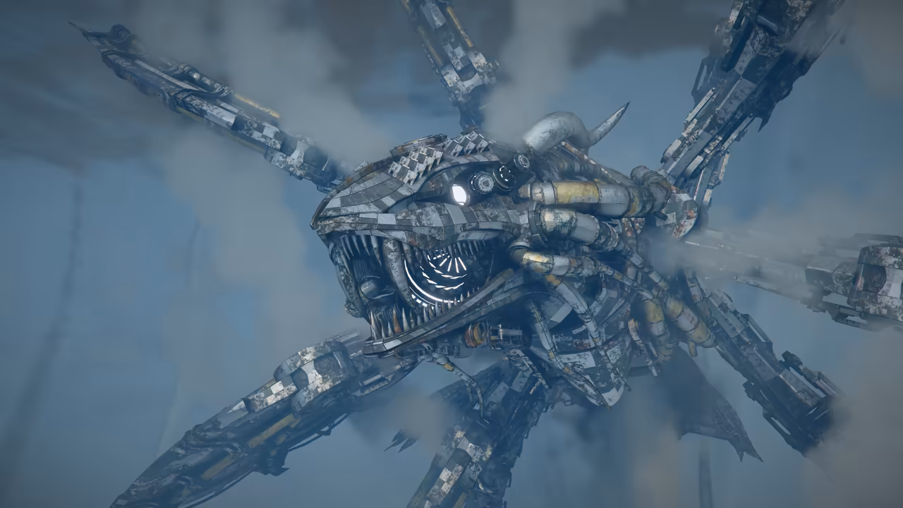 Looking up into a cloudy sky, a gigantic machine shaped like a fanged sea creature fills the frame. Its body is made of riveted gray and silver plates, tubes and gears, with a curved horn, one bright round eye and an open mouth lined with metal teeth, and long segmented arms reach out from it in every direction.