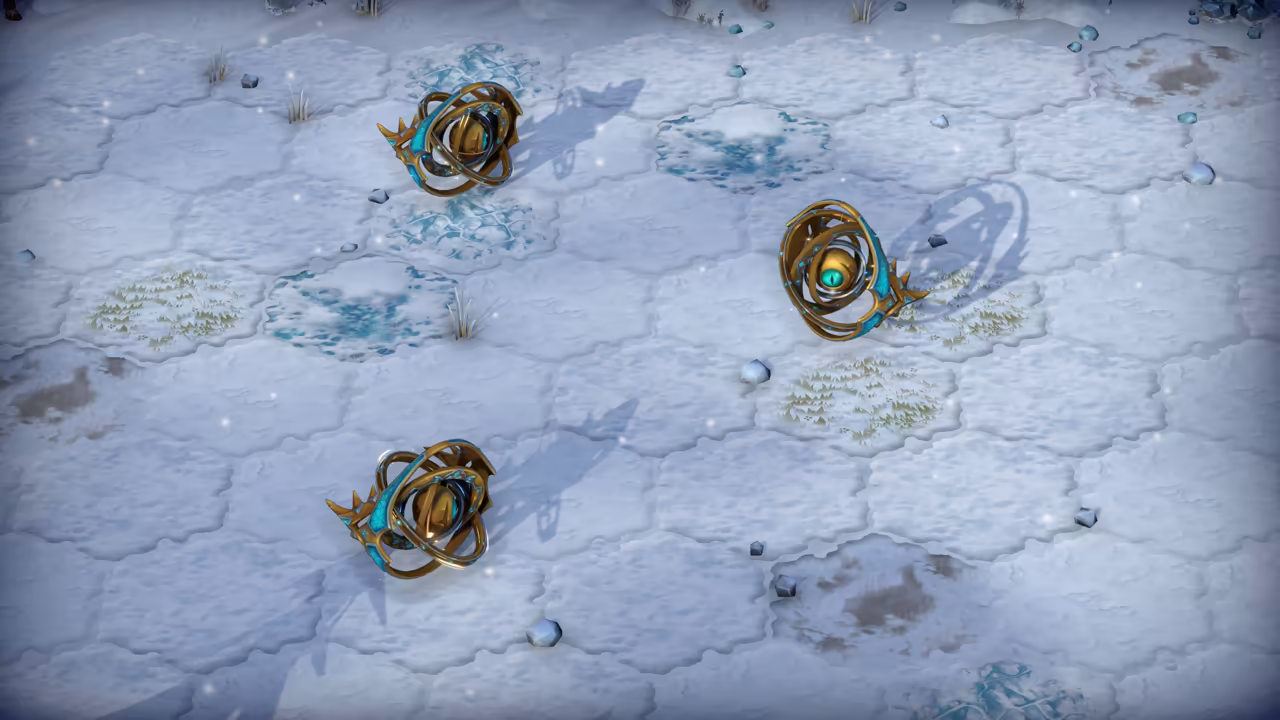 A snow-covered battlefield in pale white and blue hexagons with patches of ice and frosted grass. Three ornate gold orbs wrapped in turquoise-trimmed rings with spikes float above it, casting long shadows, and the one on the right shows a single glowing green eye.