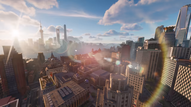 High view over a city in bright sun: domed and towered stone buildings and brick blocks fill the foreground, glass skyscrapers rise at right, and across a wide river a skyline with a tall spired tower strung with spheres, very tall skyscrapers and an arched bridge stands before hazy mountains. Lens flares streak the image and no game interface is shown.